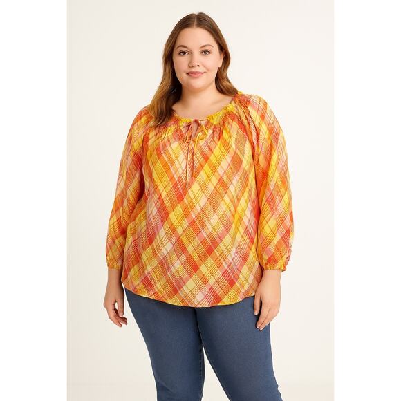 2/$30 Lane Bryant NWOT Puff Sleeve Blouse Checkered Yellow Women's Plus 18/20 - Picture 1 of 10